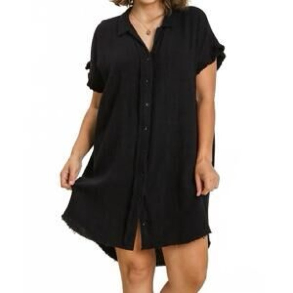 Umgee Size Small Oversized Distressed Black Button-Up Shirt Dress Boho